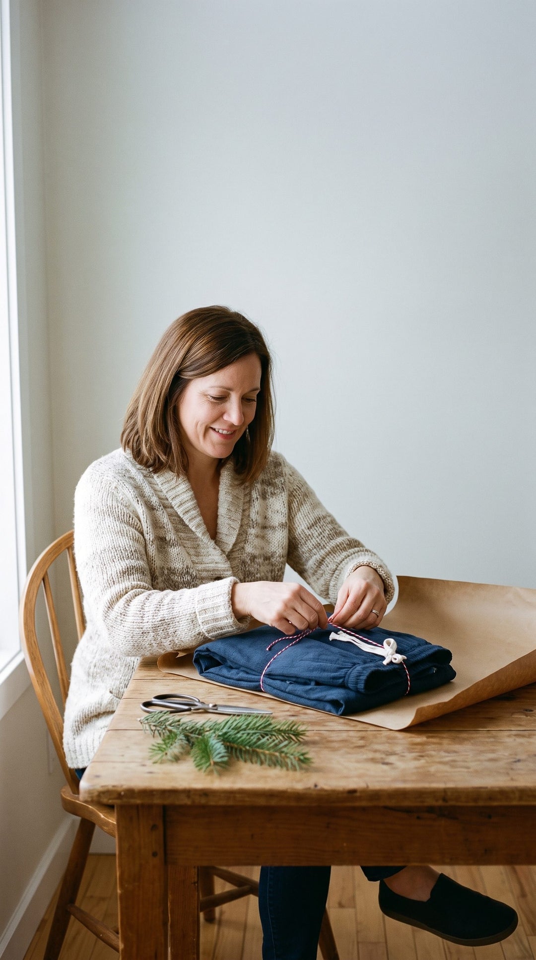 Woman around 47 at a wooden kitchen table wrapping folded navy trousers in brown paper