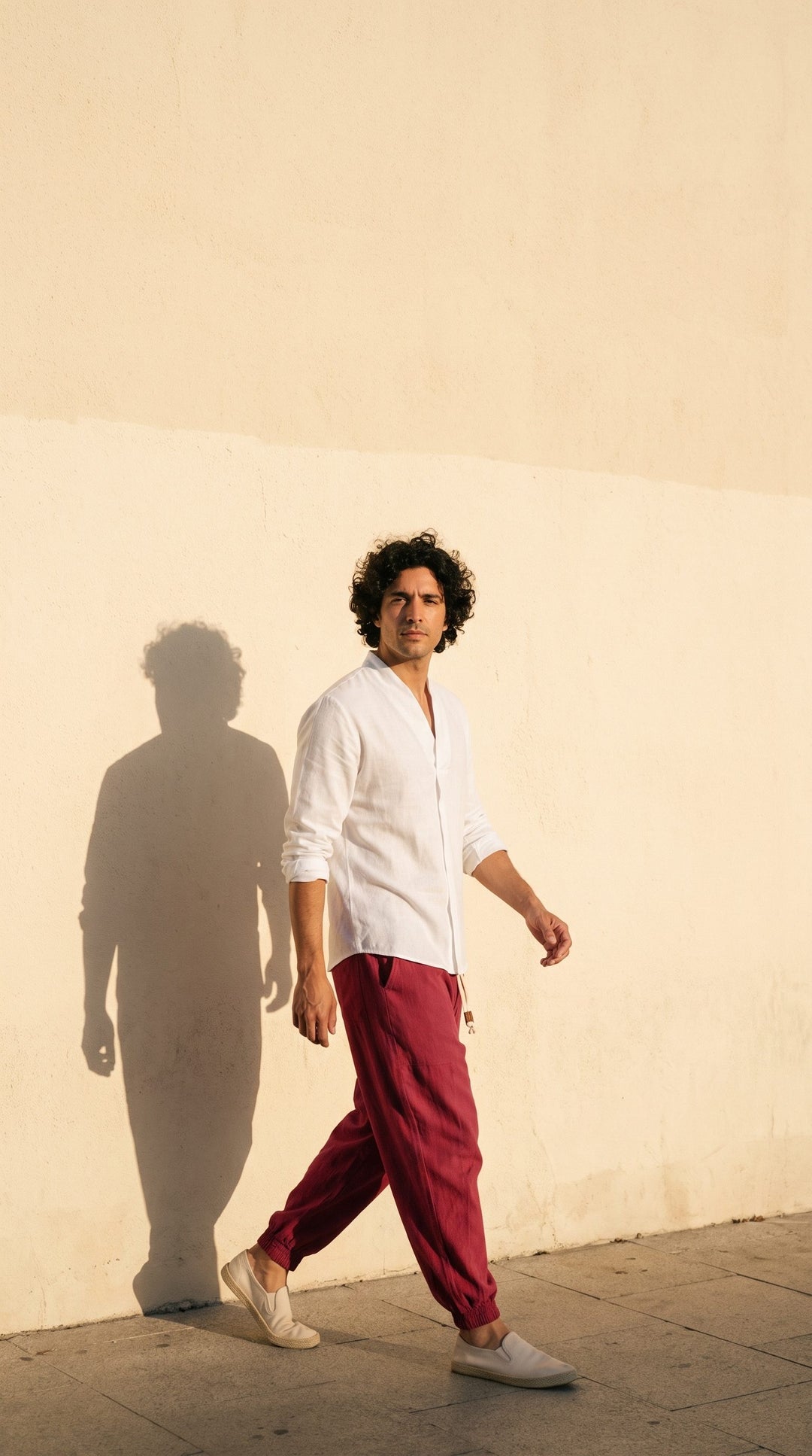 Man in a white linen shirt and red harem trousers walking along a cream wall in low afternoon sun