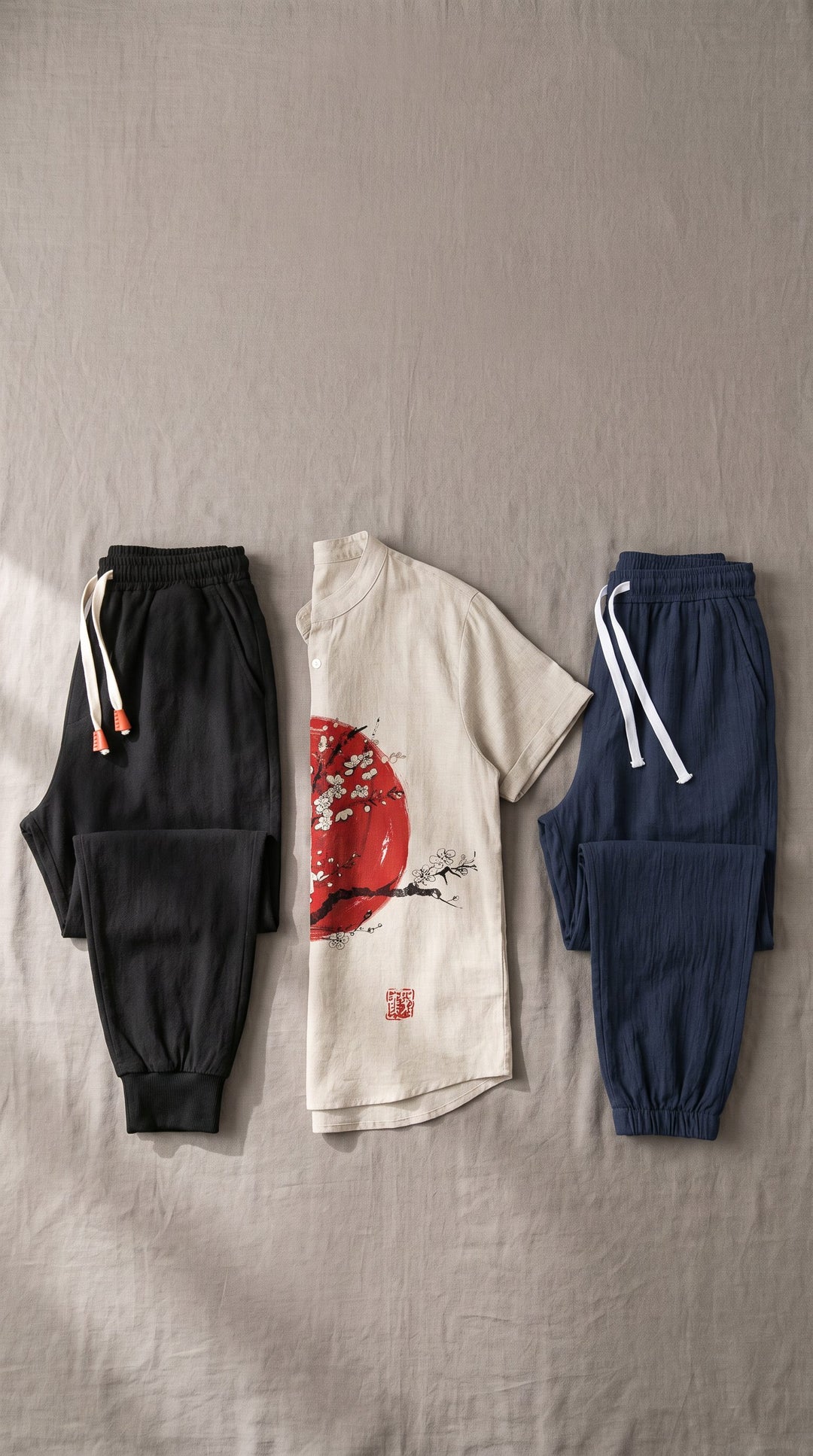 Flat lay on warm grey linen: black harem trousers, a red sun-print shirt and navy trousers folded in a row