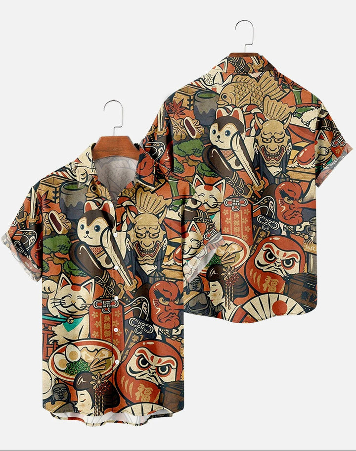 Kenshiro | Japanese Retro Print Short Sleeve Button Shirt